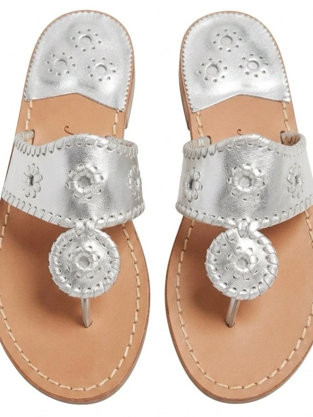 Jack Rogers Silver Leather Thong Sandals with Medallion